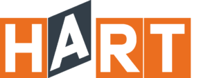 Logo of HART, featuring bold letters in orange and dark gray, emphasizing the brand name for effective recognition and branding.