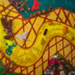 Varinia's artwork - Colorful mixed media artwork featuring a winding yellow road adorned with natural elements like dried flowers and butterflies. The composition includes a small red toy car and decorative shells, creating a vibrant and playful scene.