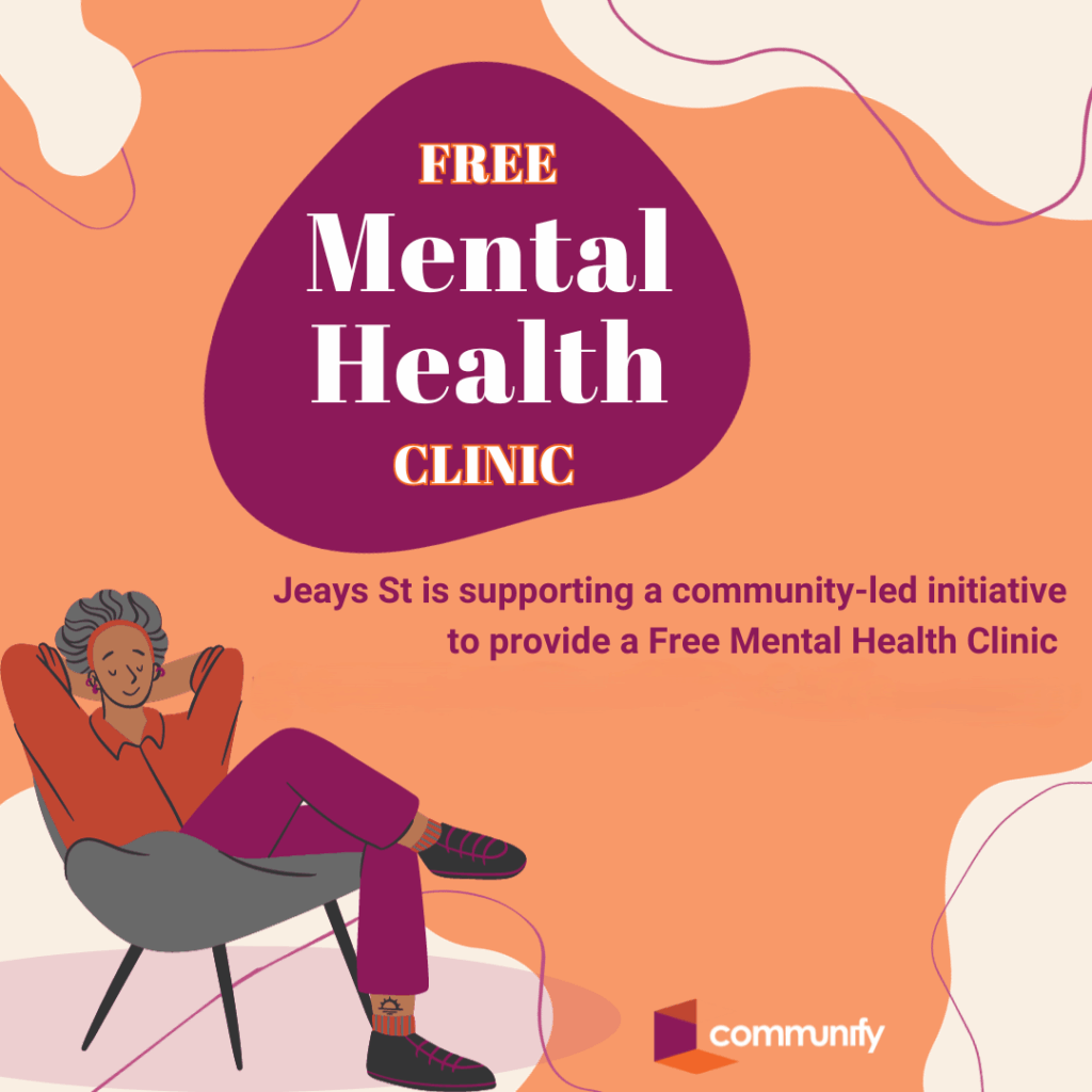 Illustration promoting a Free Mental Health Clinic at Jesys St, featuring a person with curly gray hair sitting in a chair, wearing a brown shirt and red pants, smiling. The background includes text highlighting the clinic's details, including the time and date, with a colorful design.
