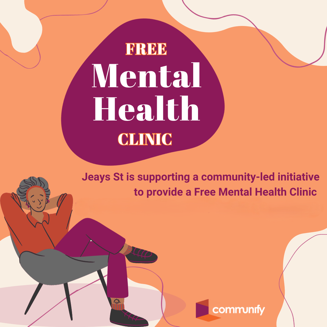 Illustration promoting a Free Mental Health Clinic at Jesys St, featuring a person with curly gray hair sitting in a chair, wearing a brown shirt and red pants, smiling. The background includes text highlighting the clinic's details, including the time and date, with a colorful design.