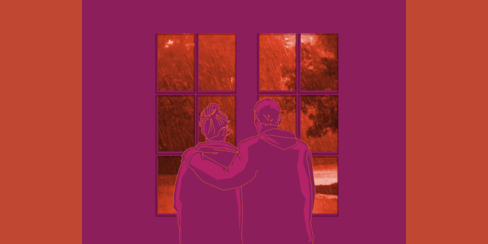 Couple standing together, viewed from behind, looking out a window, with a view of a terrible storm outside. Both appear concerned by the weather.
