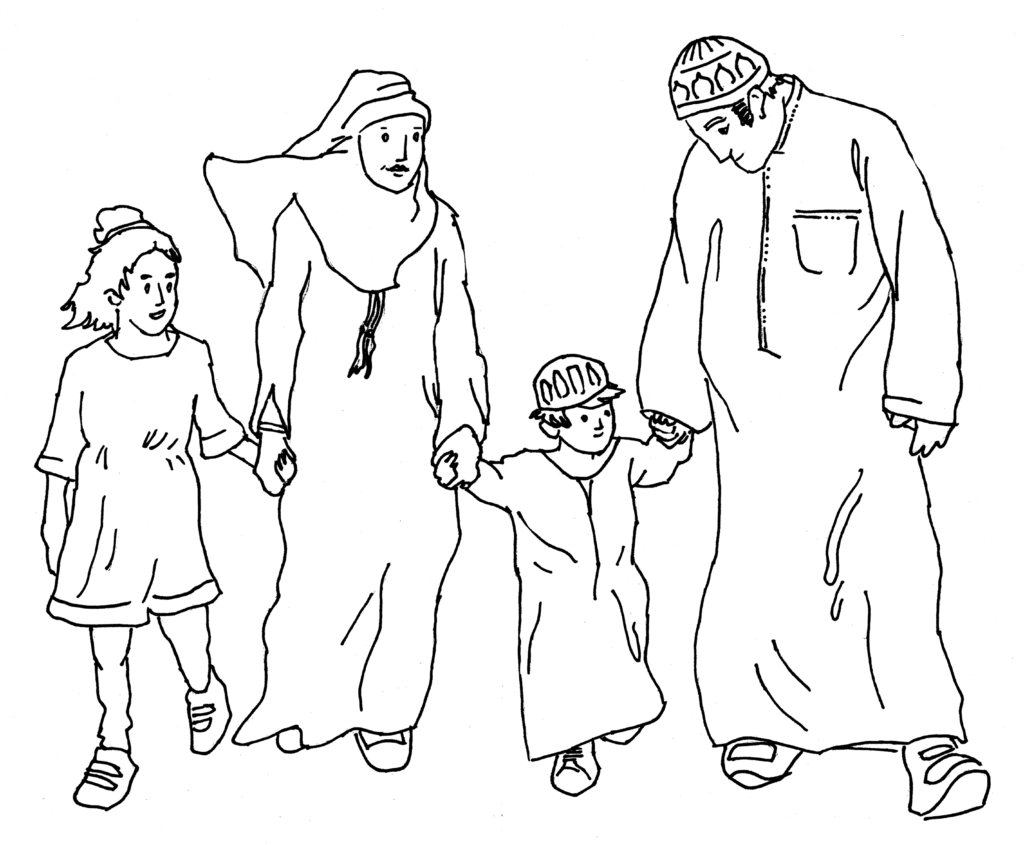 Line drawing of 2 parents and 2 children holding hands