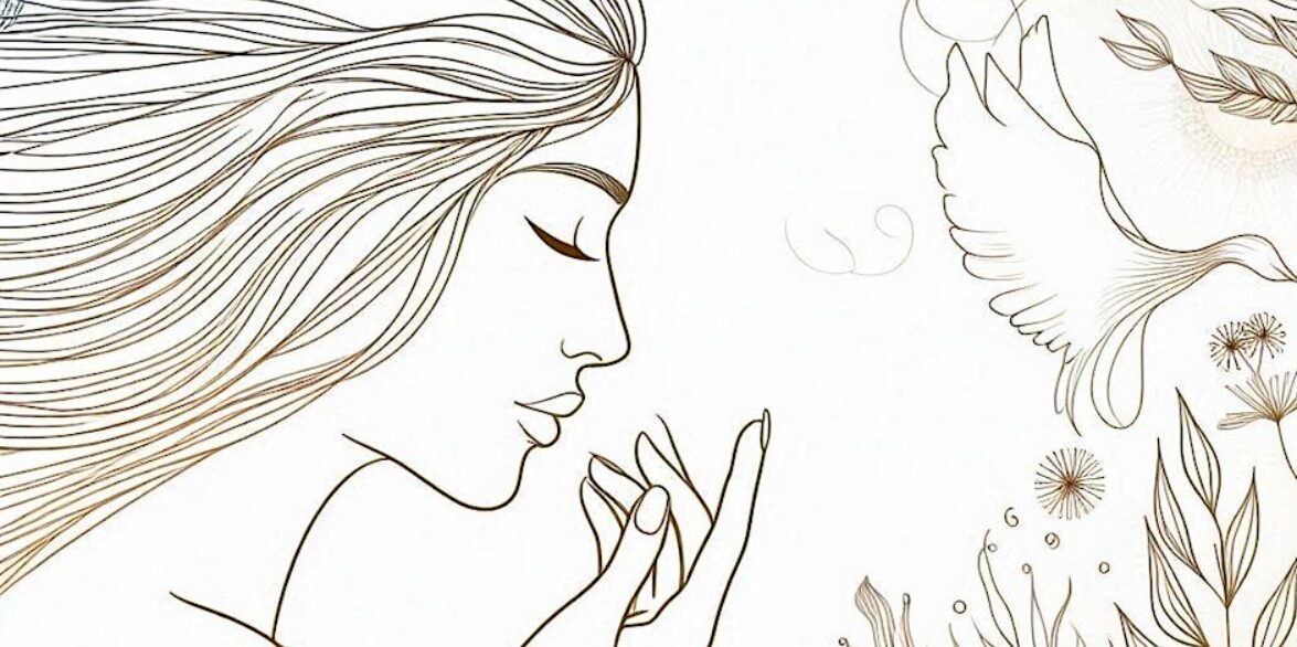 A line art illustration of a woman with long, flowing hair, depicted in profile. She has a serene expression, with her eyes closed and lips slightly parted. Her hand is raised gently towards her face, suggesting a moment of contemplation. The background features subtle floral elements.